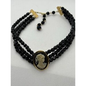Vintage Gold Tone Black Beaded Cameo necklace Choker Japan, 3 strand, adjust